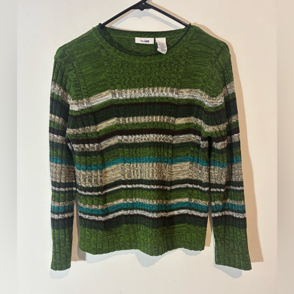 Ms. Lee Size Large Long Sleeve Sweater Green Stripes Casual Fall